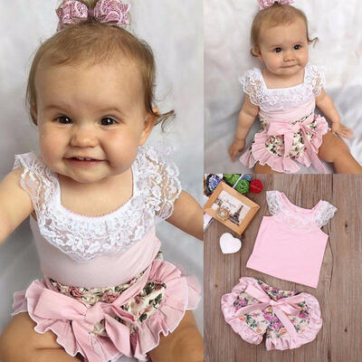

2017 Infant Baby Girl Lace Tops T-shirtFloral Shorts Culottes 2pcs Outfits Sets