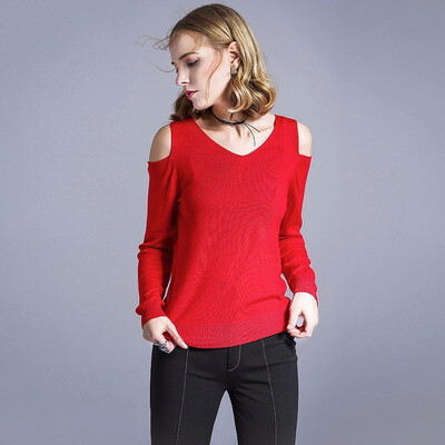 

High-end Wool Sweater Pullover V-neck Leaking Shoulder Long-sleeved Shirt