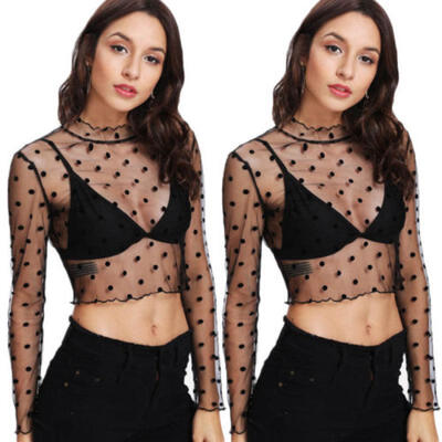 

Sexy Women See through Lace Mesh Sheer Long Sleeve Crop Top T Shirt Blouse Tee