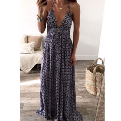 

US Women BOHO Floral Print Beach Dress Lady Evening Party Long Sleeve Maxi Dress