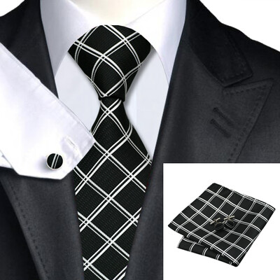 

N-0336 Vogue Men Silk Tie Set Black Plaids & Checks Paisley Necktie Handkerchief Cufflinks Set Ties For Men Formal Wedding Business wholesale