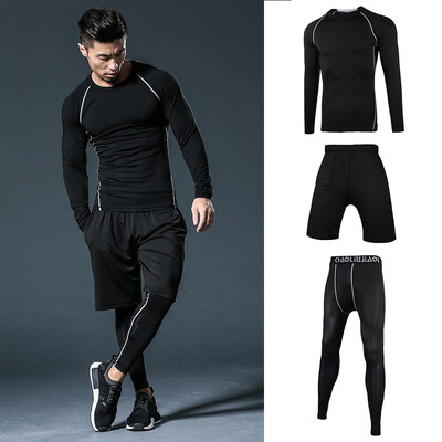 

Fan Dimu sports suit mens fitness clothing quick-drying tights breathable gym running autumn&winter long-sleeved sports mens suit FNZ9001-black stitching - long sleeve three-piece