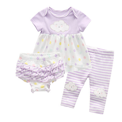 

Kiddiezoom 3PCS Girl Dresses Babywear Clothing Sets Baby Girl Clothes DressShortsPants Cotton For Babies Skirt Purple Stripes