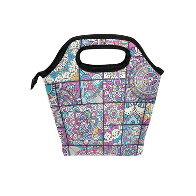 

Lunch Tote Bag Purple Mixed Pattern Travel Picnic Insulated Lunch Handbags Portable Zipper Lunch Bag Box
