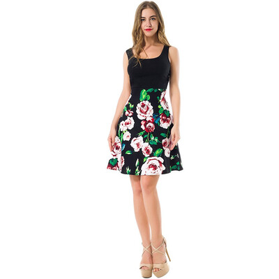 

Summer Sleeveless Floral Patterns Print High Waist Women Retro Dress