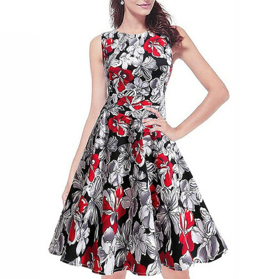 

Women Summer Dresses Printing Floral Sleeveless Ball Gown Dresses Fashion Casual O-neck Ladies Party Dress