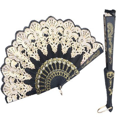 

MyMei Spanish Style Fan Dance Party Wedding Lace Silk Folding Hand Held Flower Fan