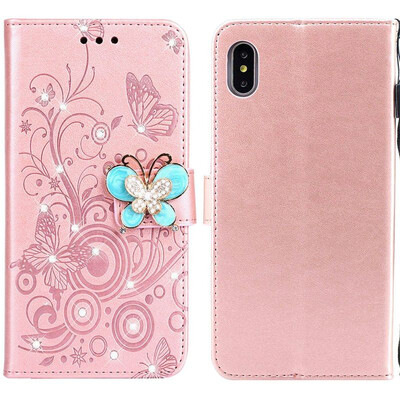 

MOONCASE Apple iPhone XR Butterfly Rhinestone Embossed Leather Case - Rose Gold