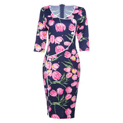 

Trendy Round Collar Half Sleeve Floral Print Slit Button Women Bodycon Dress