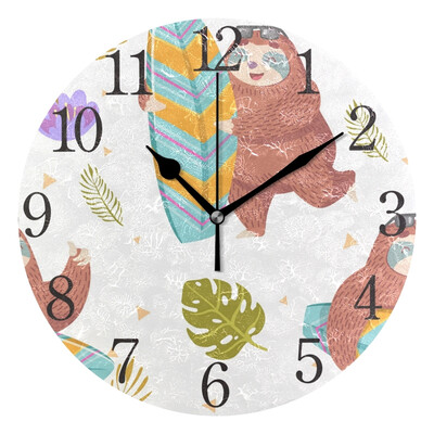 

Wall Clock Arabic Numerals Design Sloth With Surfing Board Round