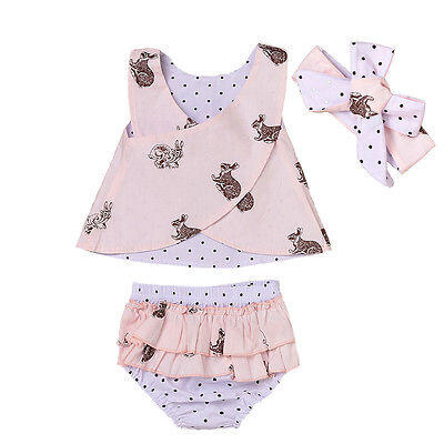 

0-3T Toddler Baby Girls Outfits Rabbit Top Vest ShirtPants Headband Clothes Set