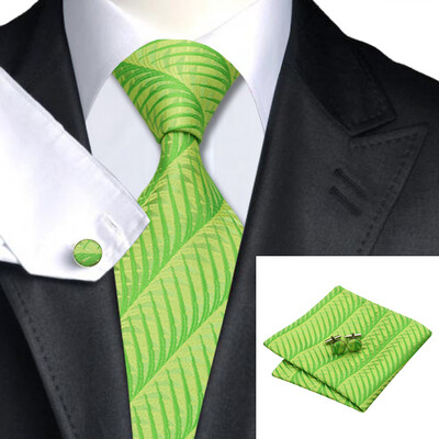 

N-0260 Vogue Men Silk Tie Set Green Novelty Necktie Handkerchief Cufflinks Set Ties For Men Formal Wedding Business wholesale
