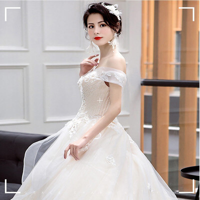 

Luxury Beading Wedding Dresses Boat Neck Princess Bridal Wedding Dress Pregnant Woman Wedding Dress