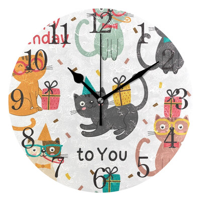 

Wall Clock Arabic Numerals Design Happy Birthday Cats Round
