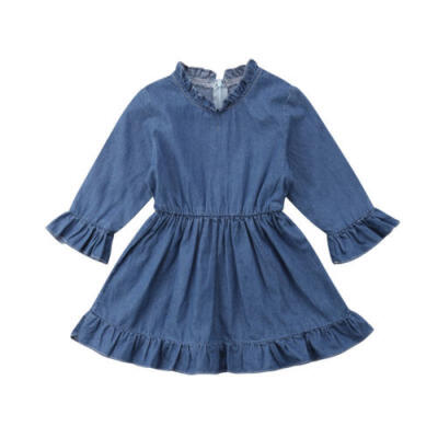 

Trendy Toddler Baby Girl Long Sleeve Princess Denim Ruffled Dress One-piece Cute