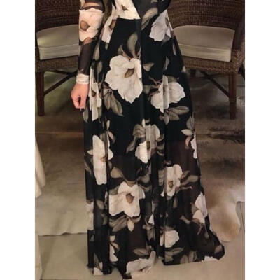 

Womens Blumen lange Maxi Kleid Langarm Abend Party Sommer Strand Sommerkleid