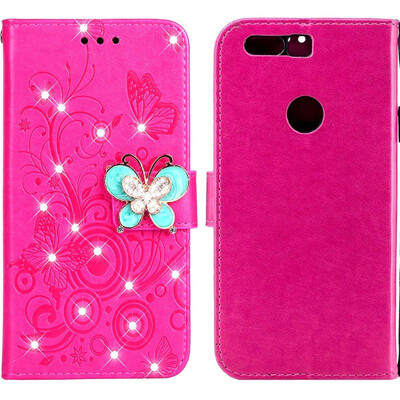 

MOONCASE Huawei Glory 8 Butterfly Rhinestone Embossed Leather Case - Red
