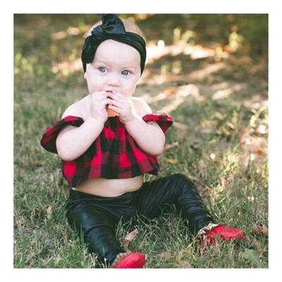 

USA Kids Baby Girls Plaid Off Shoulder Crop Top Blouse T-shirt Headband Outfits