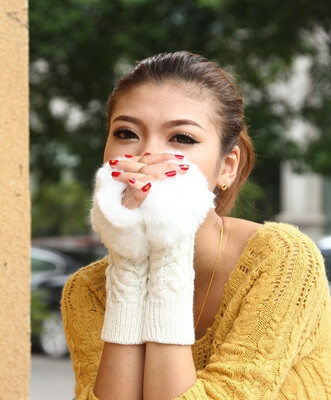 

Fashion Winter Women Gloves Mitten Warm Knitted Fingerless Long Faux Fur White