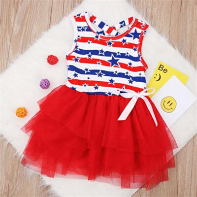 

Toddler Baby Girls Star Print 4th Of July Star Bowknot Dress Striped Clothes