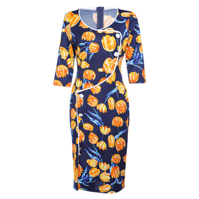 

Trendy Round Collar Half Sleeve Floral Print Slit Button Women Bodycon Dress