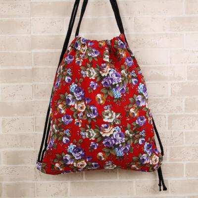 

Outdoor Canvas Drawstring Backpack Student Book Shoes Sorted Bag Floral Printed