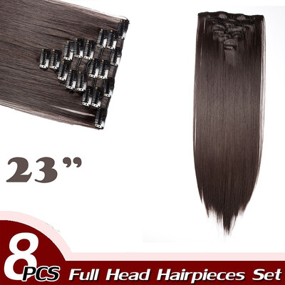

17" Straight 8 Pcs Full Head Clip in Hair Extensions Synthetic 8 Piece 18 Clips Hairpiece Long Straight for Women