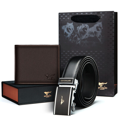 

Seven Wolves Men's Belt Gift Set Automatic Buckle Leather Belt Male + First Cowboy Men's Wallets Belt Gift Set L9427 Black