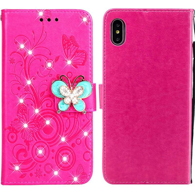 

MOONCASE Apple iPhone XR Butterfly Rhinestone Embossed Leather Case - Red
