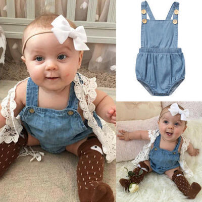 

US Stock Infant Baby Girls Denim Romper Bodysuit Playsuit Sunsuit Outfit Clothes