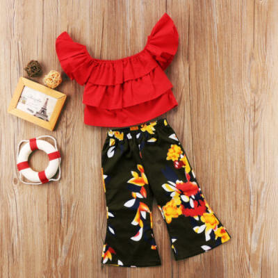 

Summer Toddler Kids Girls Off Shoulder Tops Floral Pants Outfits Set Clothes