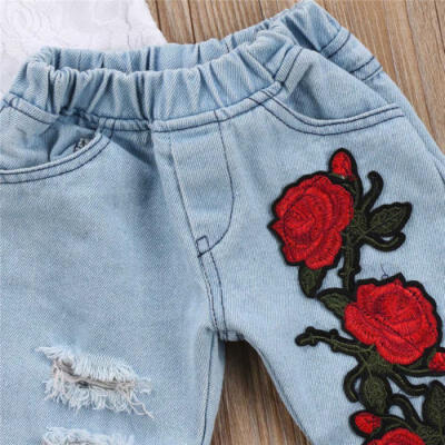 

3D Flower Newborn Kid Baby Girls Lace Top T-shirt Denim Pants Outfits Clothes UK