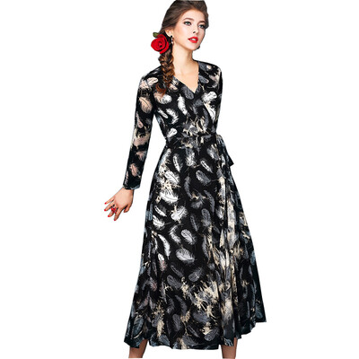 

Fashion Long Sleeves V Collar Print Dress