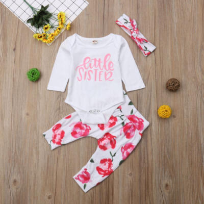

New Toddler Kid Baby Girl Letter Print Bodysuit TopFloral Pants Headband Outfit