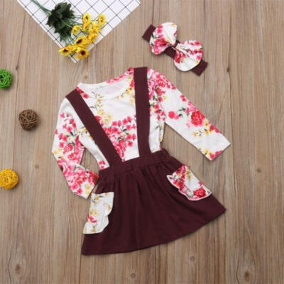 

3PCS Kids Baby Girls Clothes T-shirt TopsStrap Dress SkirtHeadband Outfits Set