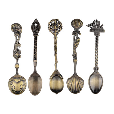 

UpperX 5 PcsSet Kitchen Dining Bar Vintage Royal Style Bronze Carved Small Coffee Spoon Flatware Cutlery Mini Dessert Spoon
