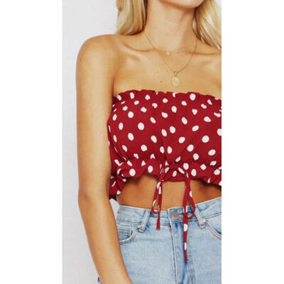 

US Womens Off Shoulder Tank Top Blouse Sleeveless Polka Dot Crop Tops Shirt