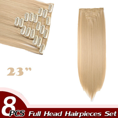 

17" Straight 8 Pcs Full Head Clip in Hair Extensions Synthetic 8 Piece 18 Clips Hairpiece Long Straight for Women