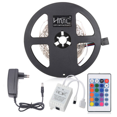 

HML 5M 24W RGB 2835 SMD 300 LED Strip Lights with IR 24 Keys Remote Control DC Adapter EU Plug