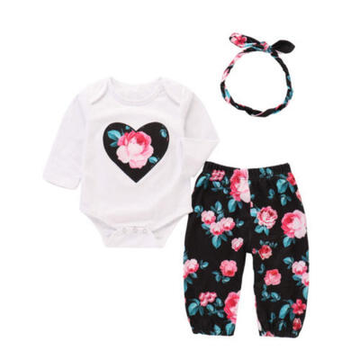 

Flower Newborn Baby Girl Cotton Top Romper Long Pants Headband Outfit Clothes AU