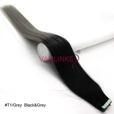 

PU Seamless Skin Tape In Weft Hair Women Human Hair Extensions Straight Ombre T1grey 20PCS