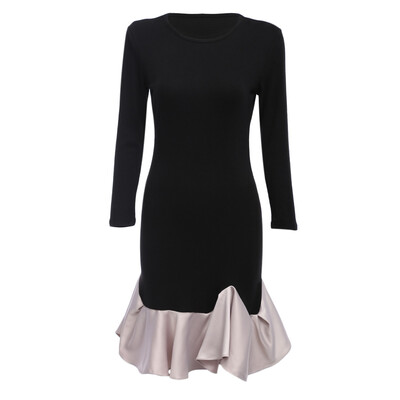 

Trendy Long Sleeve Round Collar Knit Ruffle Color Blocking Asymmetric Hem Dress for Women