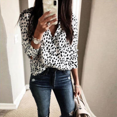 

Women V Neck Ladies Leopard Print Long Sleeve Loose T Shirt Tops Blouse