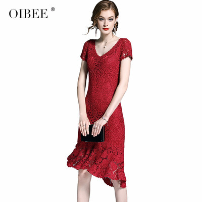 

OIBEE2018 summer womens new fashion V-neck embroidered lace dress Slim was thin black dress skirt