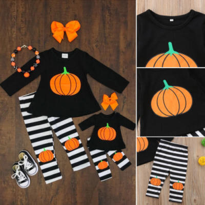 

Baby Girls Clothes Halloween Pumpkin T-shirtStriped Pants Leggings Outfits Set