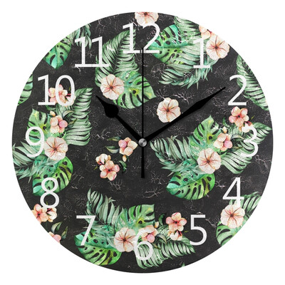

Wall Clock Arabic Numerals Design Watercolor Palm And Monstera Leaves Round