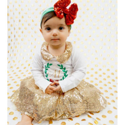 

3PCS Baby Girl Sequin Princess Christmas Floral T-shirt Dress Headband