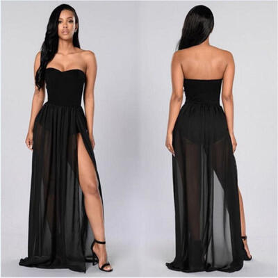 

Sexy Women Side Split Mesh Skirt See-through Beach Party Mesh Maxi Skirts Black