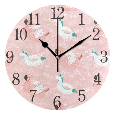 

Wall Clock Pink Flamingo Float And Unicorn Swimming Pool Round