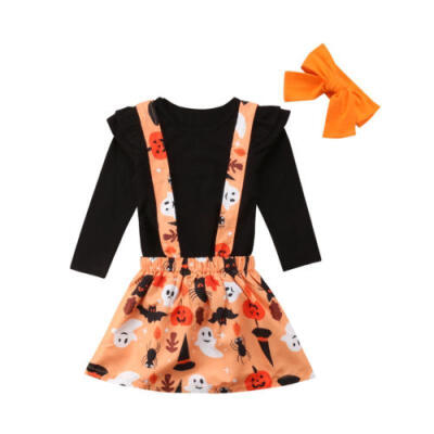 

Kids Baby Girl Ruffles Shirt Tops Suspender SkirtsHeadband 3pcs Set Outfits